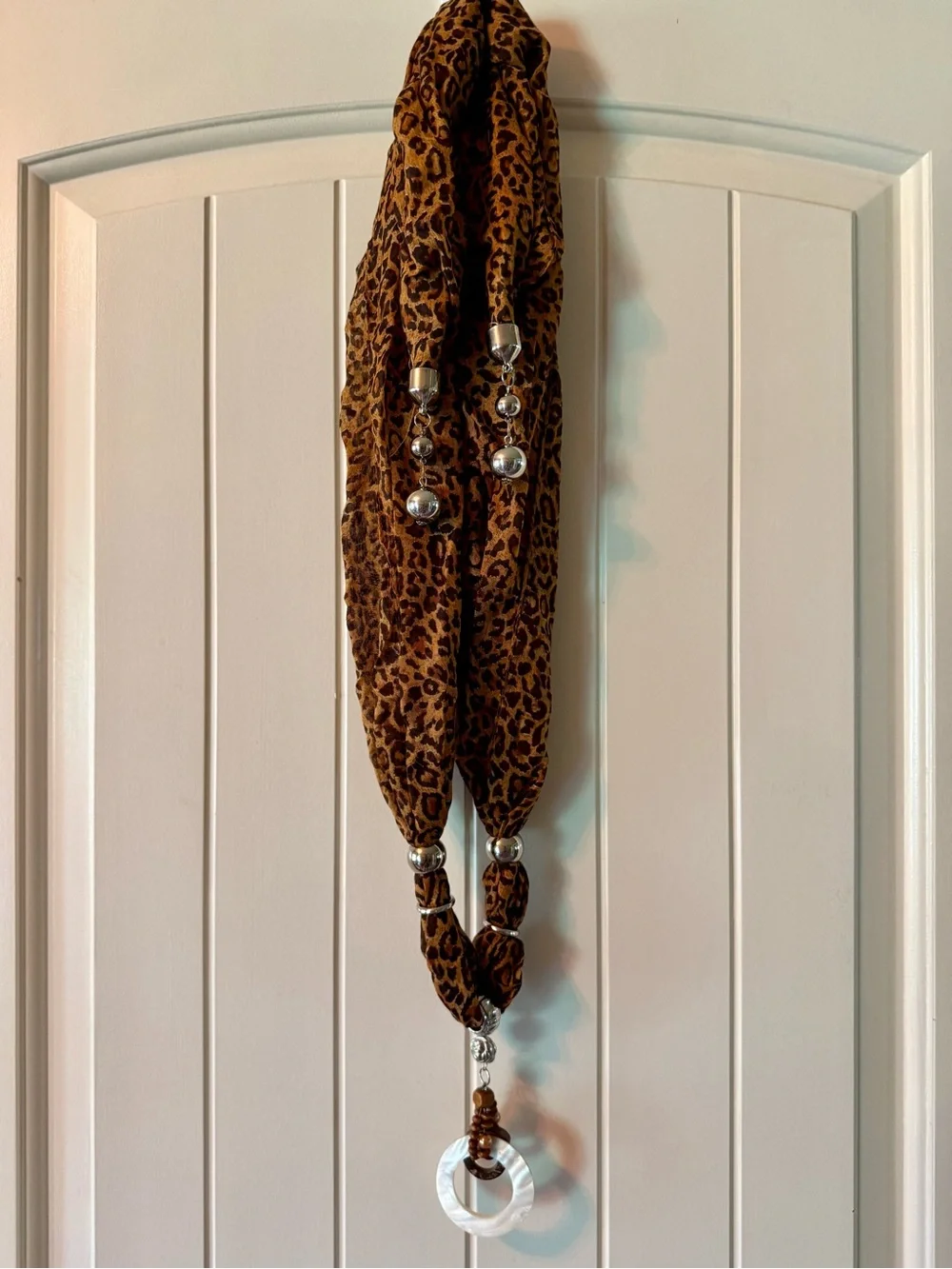 Leopard Print Scarf Necklace with Shell Pendant